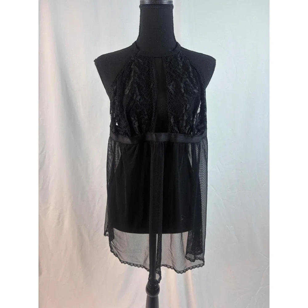Black Sheer Mesh and‎ Floral Lace High Neck Halter Babydoll Chemise Lingerie 1X